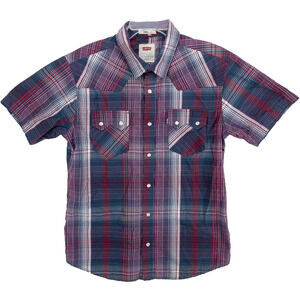 Levi’s Western Shirt Men’s M Plaid Red Blue Snap Front Pearl Cowboy Rodeo